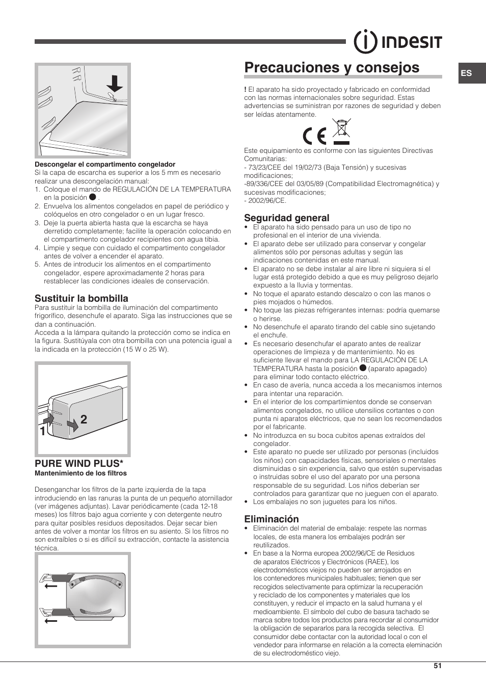 Precauciones y consejos, Sustituir la bombilla, Pure wind plus | Seguridad general, Eliminación | Indesit TAAN-5-V-NX User Manual | Page 51 / 72