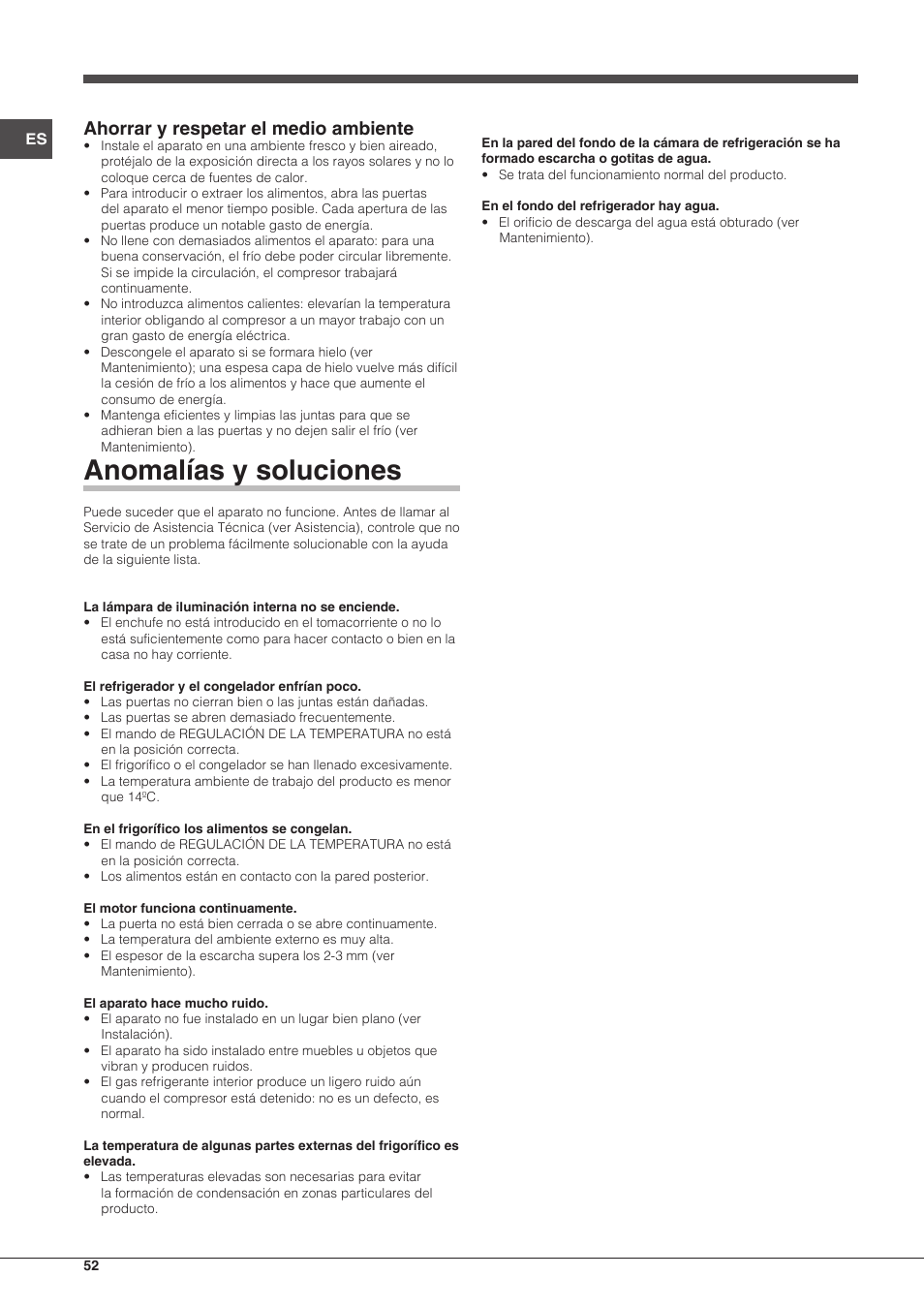 Anomalías y soluciones, Ahorrar y respetar el medio ambiente | Indesit TAAN-5-V-NX User Manual | Page 52 / 72
