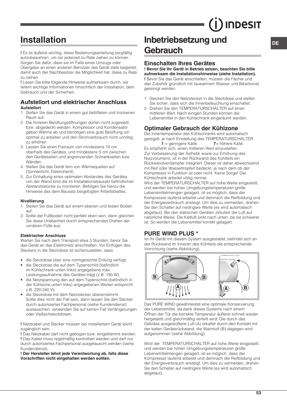 Installation, Inbetriebsetzung und gebrauch, Aufstellort und elektrischer anschluss | Einschalten ihres gerätes, Optimaler gebrauch der kühlzone, Pure wind plus | Indesit TAAN-5-V-NX User Manual | Page 53 / 72