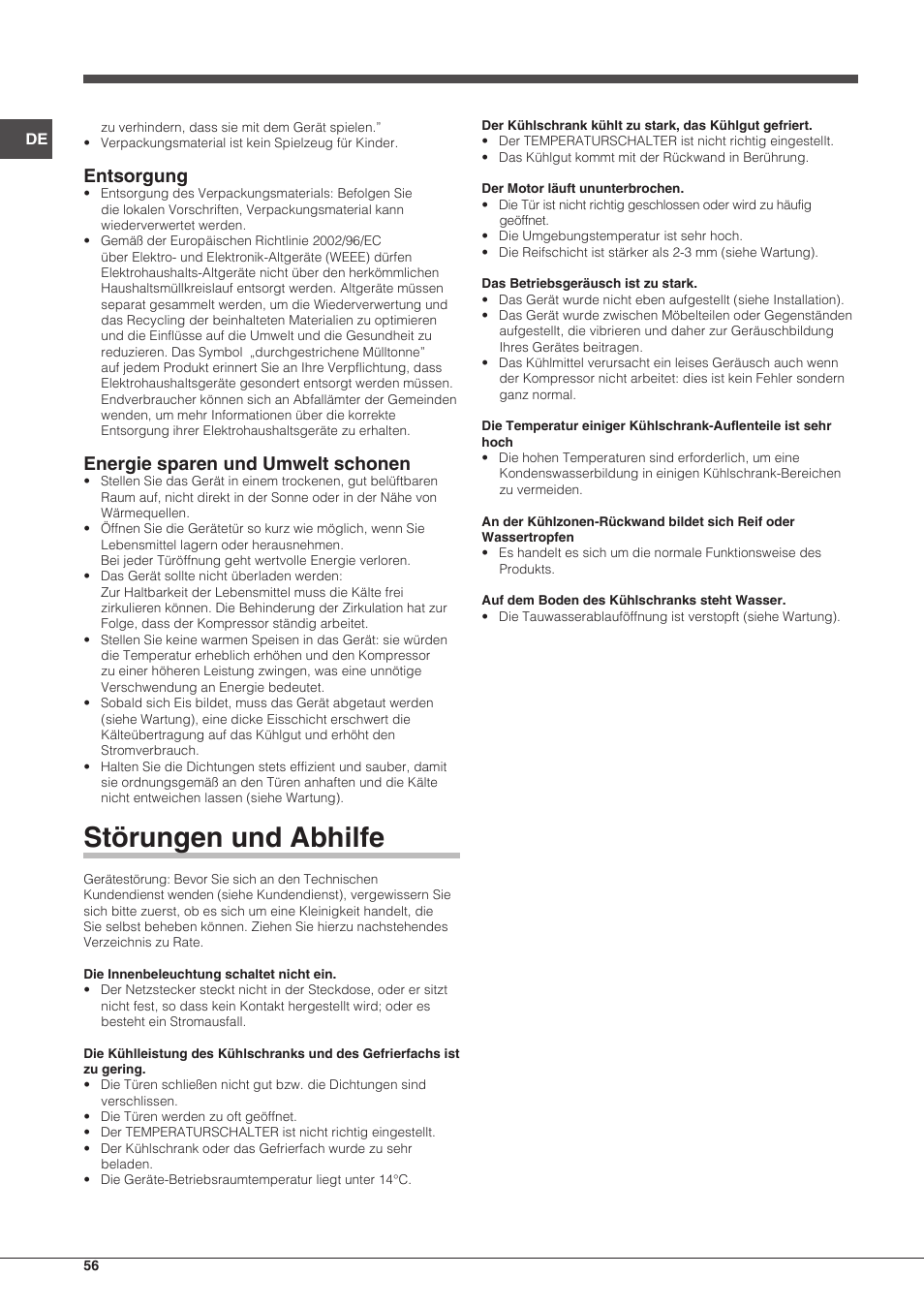 Störungen und abhilfe, Entsorgung, Energie sparen und umwelt schonen | Indesit TAAN-5-V-NX User Manual | Page 56 / 72