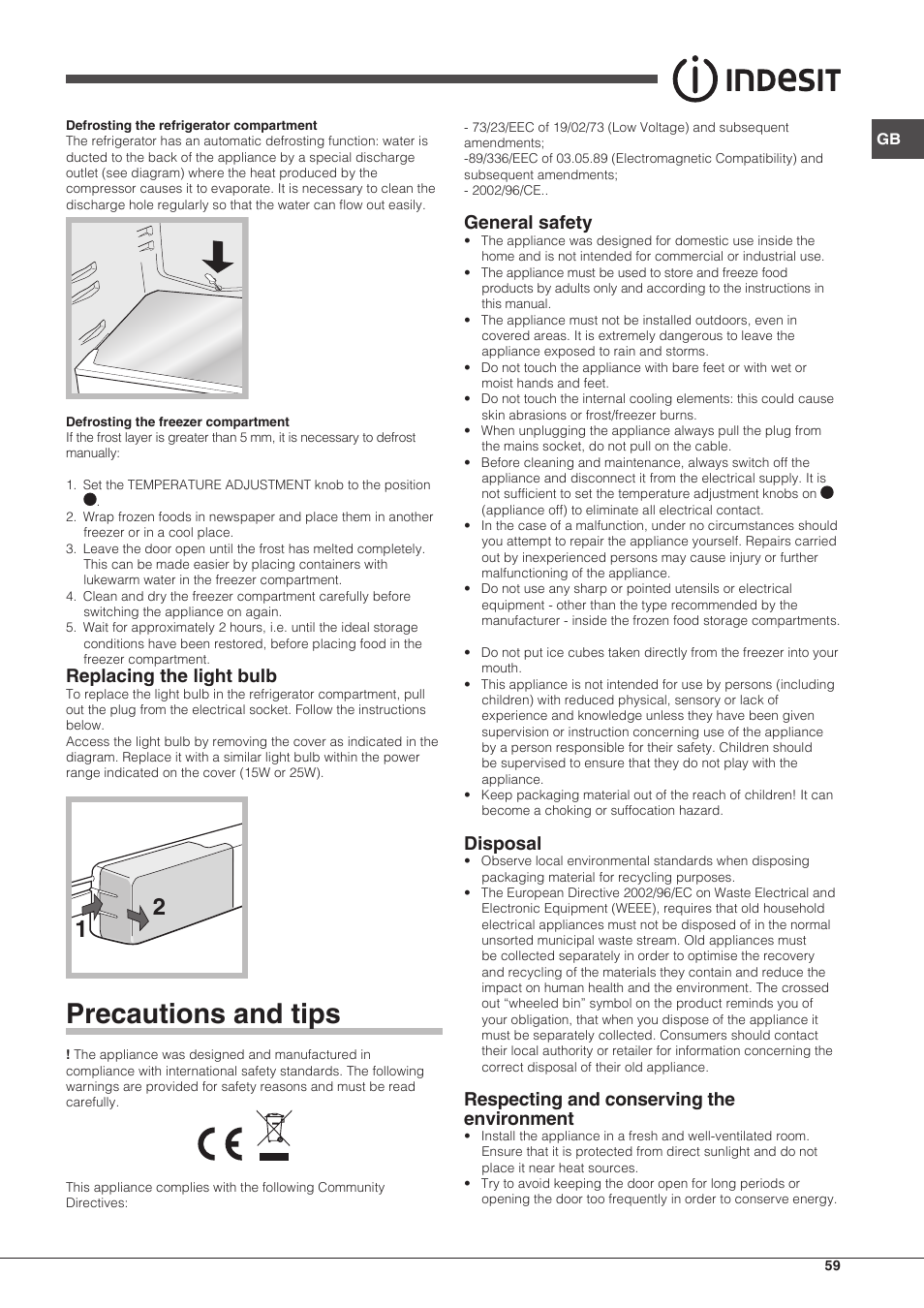 Precautions and tips, Replacing the light bulb, General safety | Disposal, Respecting and conserving the environment | Indesit TAAN-5-V-NX User Manual | Page 59 / 72