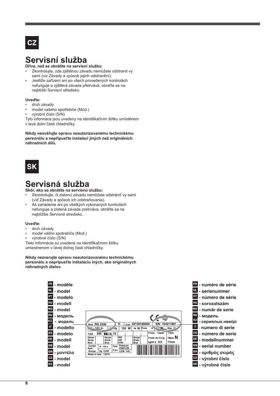 Servisní služba, Servisná služba | Indesit TAAN-5-V-NX User Manual | Page 8 / 72