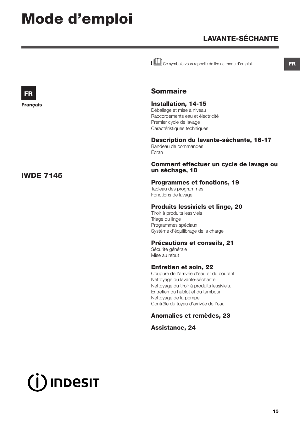 Mode d’emploi, Sommaire, Iwde 7145 | Lavante-séchante | Indesit IWDE-7145-B-(EU) User Manual | Page 13 / 60