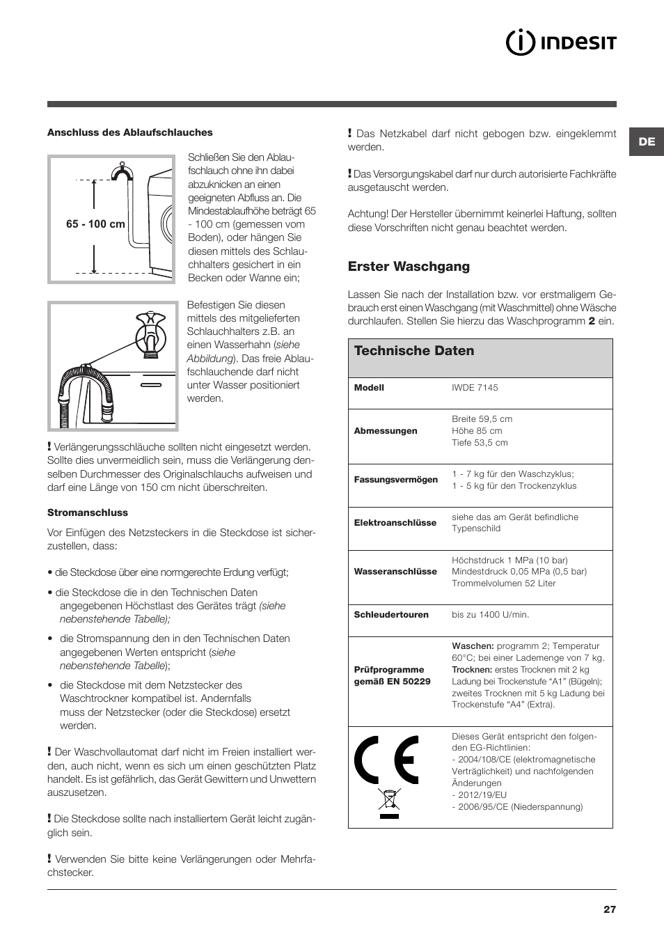 Erster waschgang, Technische daten | Indesit IWDE-7145-B-(EU) User Manual | Page 27 / 60