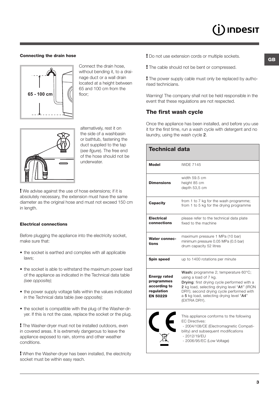 Technical data, The first wash cycle | Indesit IWDE-7145-B-(EU) User Manual | Page 3 / 60