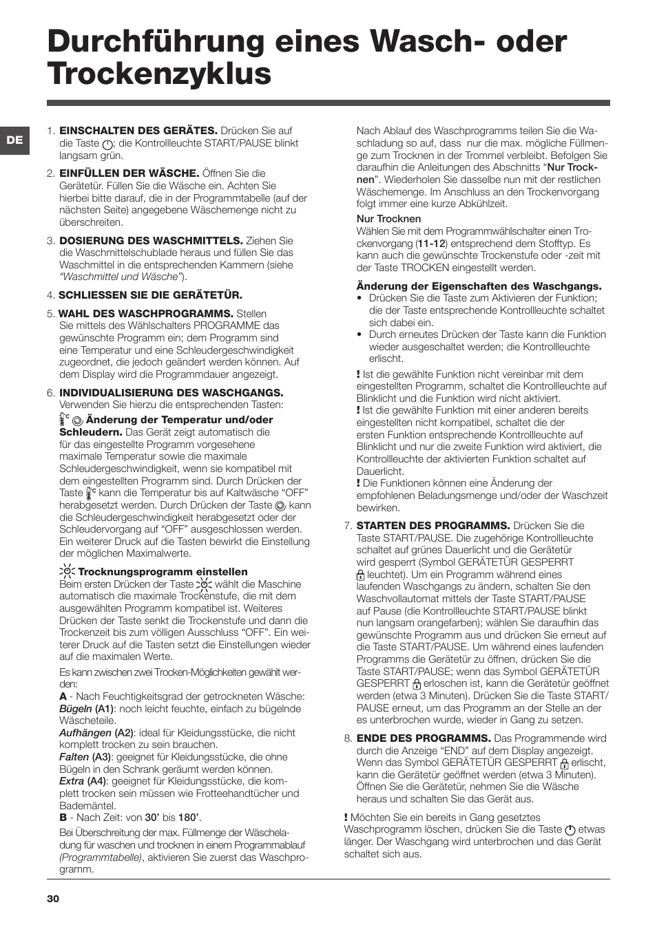 Durchführung eines wasch- oder trockenzyklus | Indesit IWDE-7145-B-(EU) User Manual | Page 30 / 60