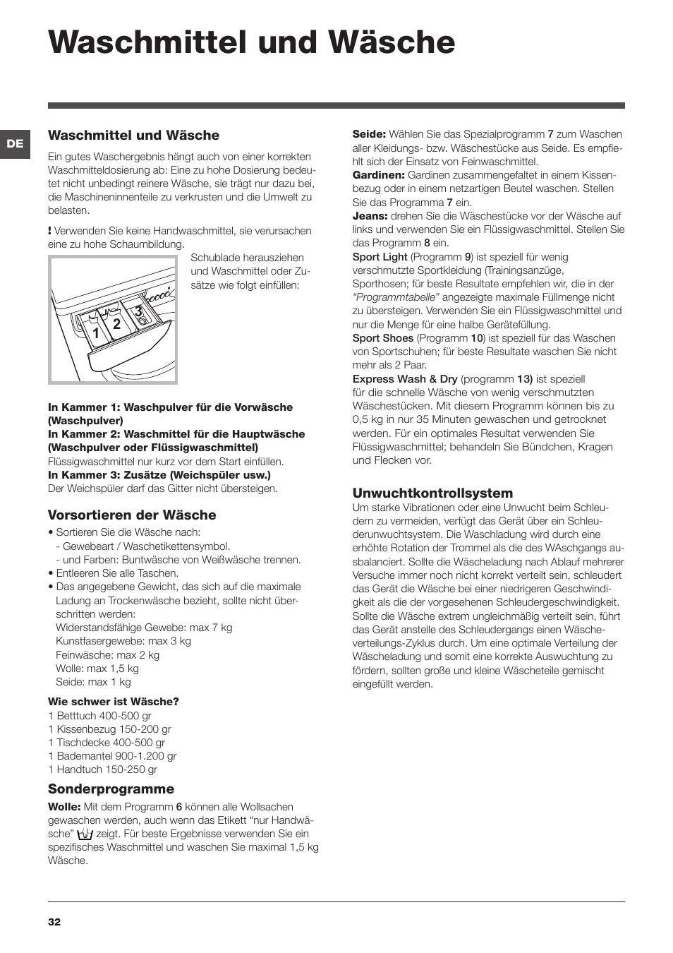 Waschmittel und wäsche | Indesit IWDE-7145-B-(EU) User Manual | Page 32 / 60