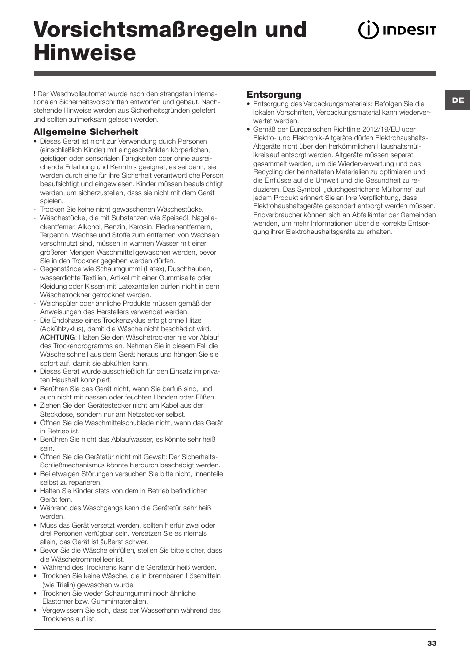 Vorsichtsmaßregeln und hinweise | Indesit IWDE-7145-B-(EU) User Manual | Page 33 / 60