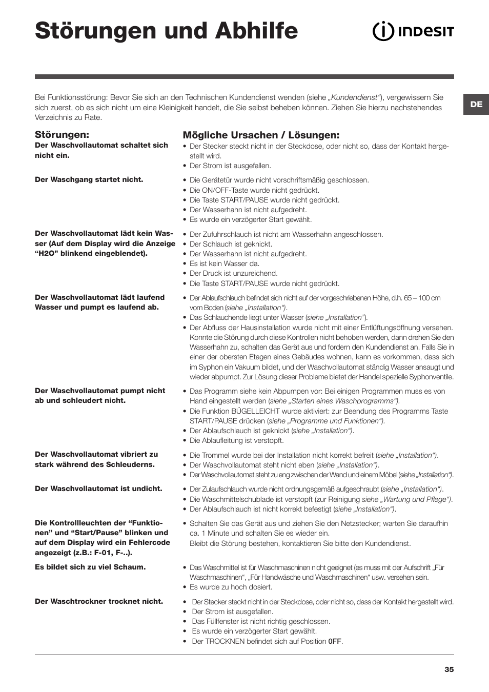 Störungen und abhilfe, Störungen, Mögliche ursachen / lösungen | Indesit IWDE-7145-B-(EU) User Manual | Page 35 / 60