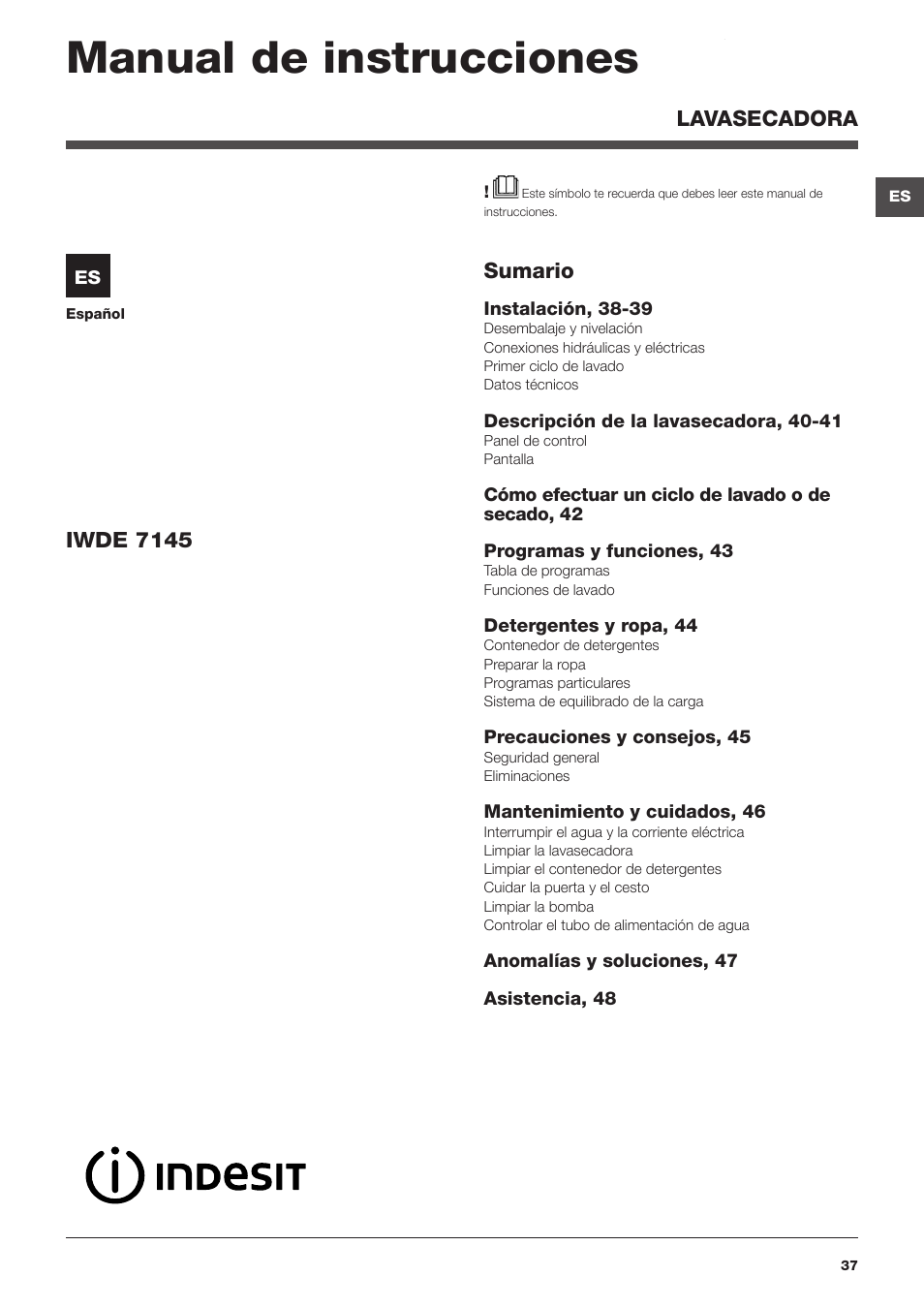 Manual de instrucciones, Sumario, Iwde 7145 | Lavasecadora | Indesit IWDE-7145-B-(EU) User Manual | Page 37 / 60