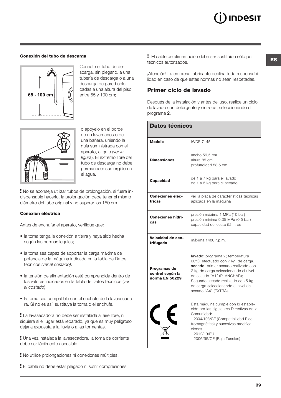 Primer ciclo de lavado, Datos técnicos | Indesit IWDE-7145-B-(EU) User Manual | Page 39 / 60