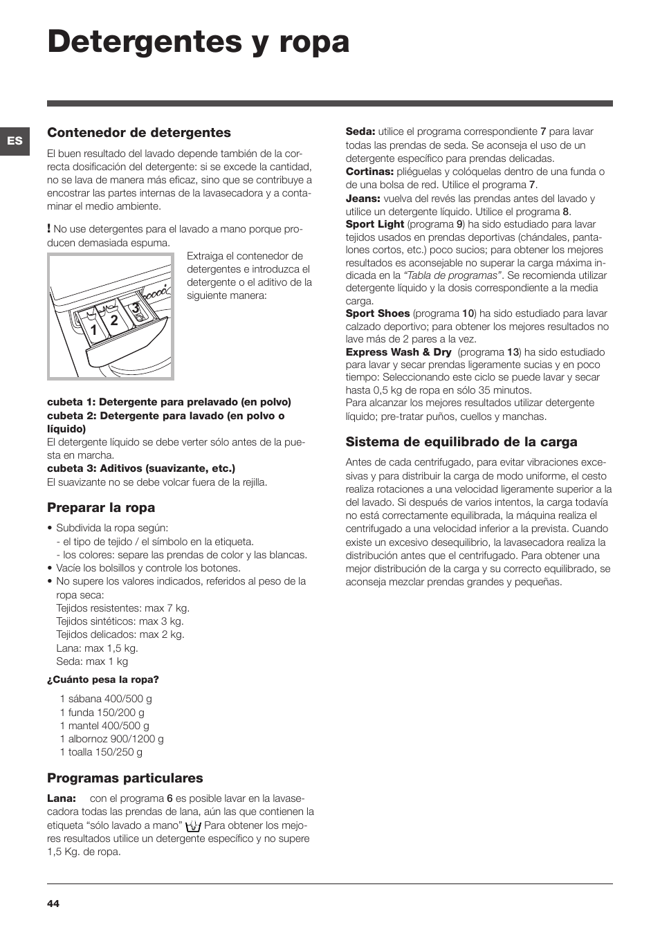 Detergentes y ropa | Indesit IWDE-7145-B-(EU) User Manual | Page 44 / 60