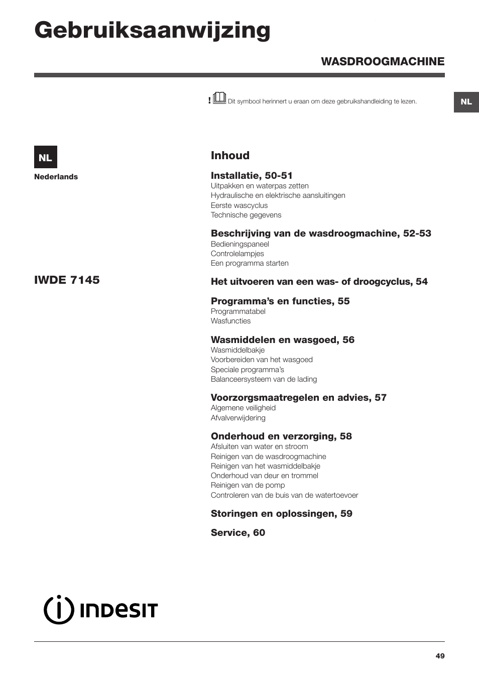 Gebruiksaanwijzing, Inhoud, Iwde 7145 | Wasdroogmachine | Indesit IWDE-7145-B-(EU) User Manual | Page 49 / 60