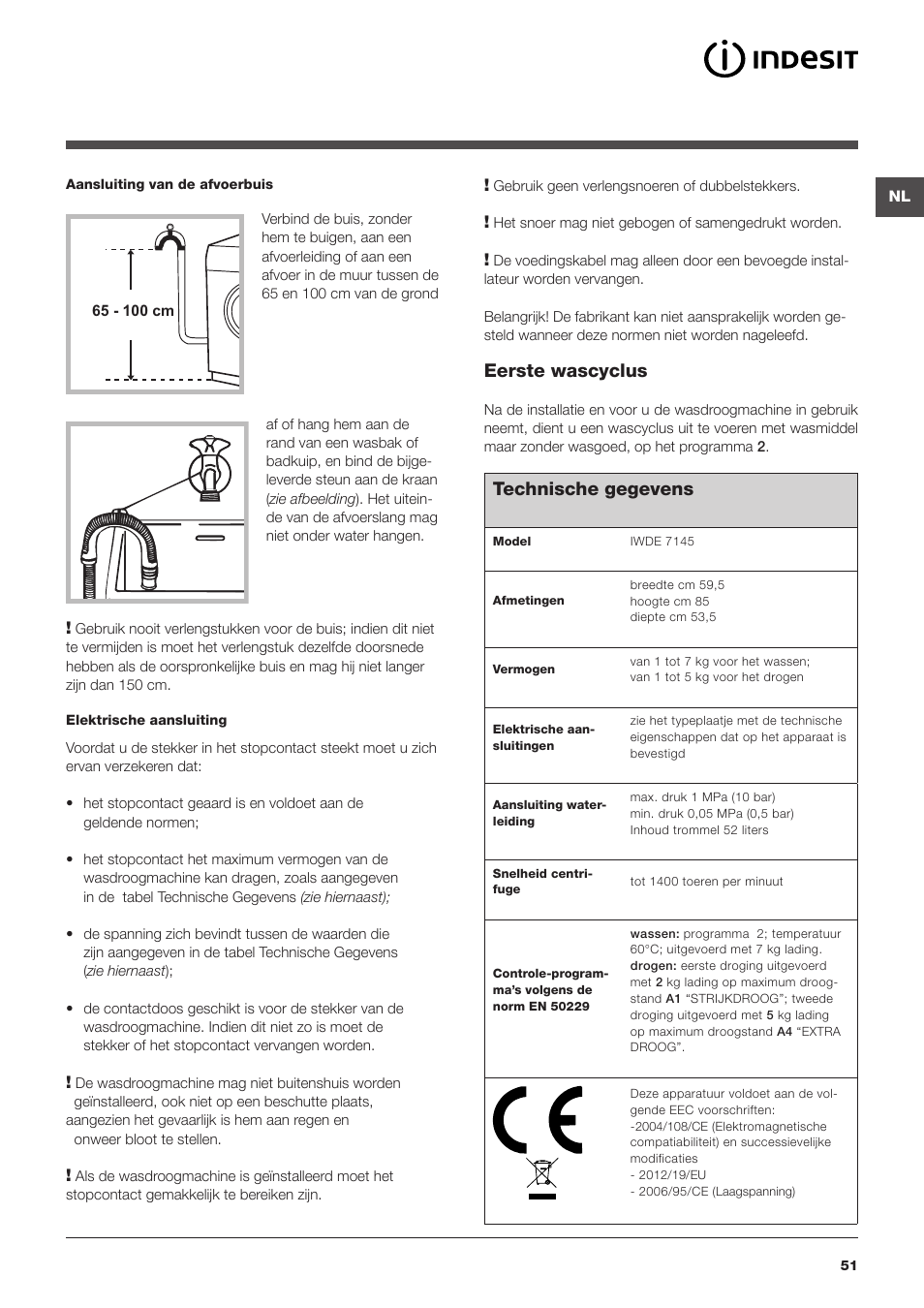 Eerste wascyclus, Technische gegevens | Indesit IWDE-7145-B-(EU) User Manual | Page 51 / 60