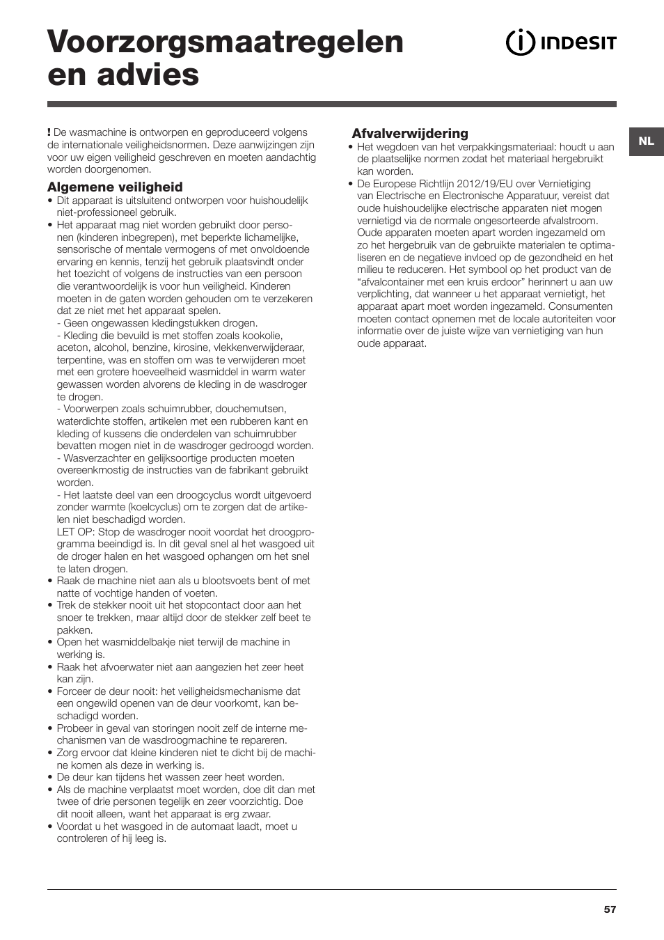 Voorzorgsmaatregelen en advies | Indesit IWDE-7145-B-(EU) User Manual | Page 57 / 60