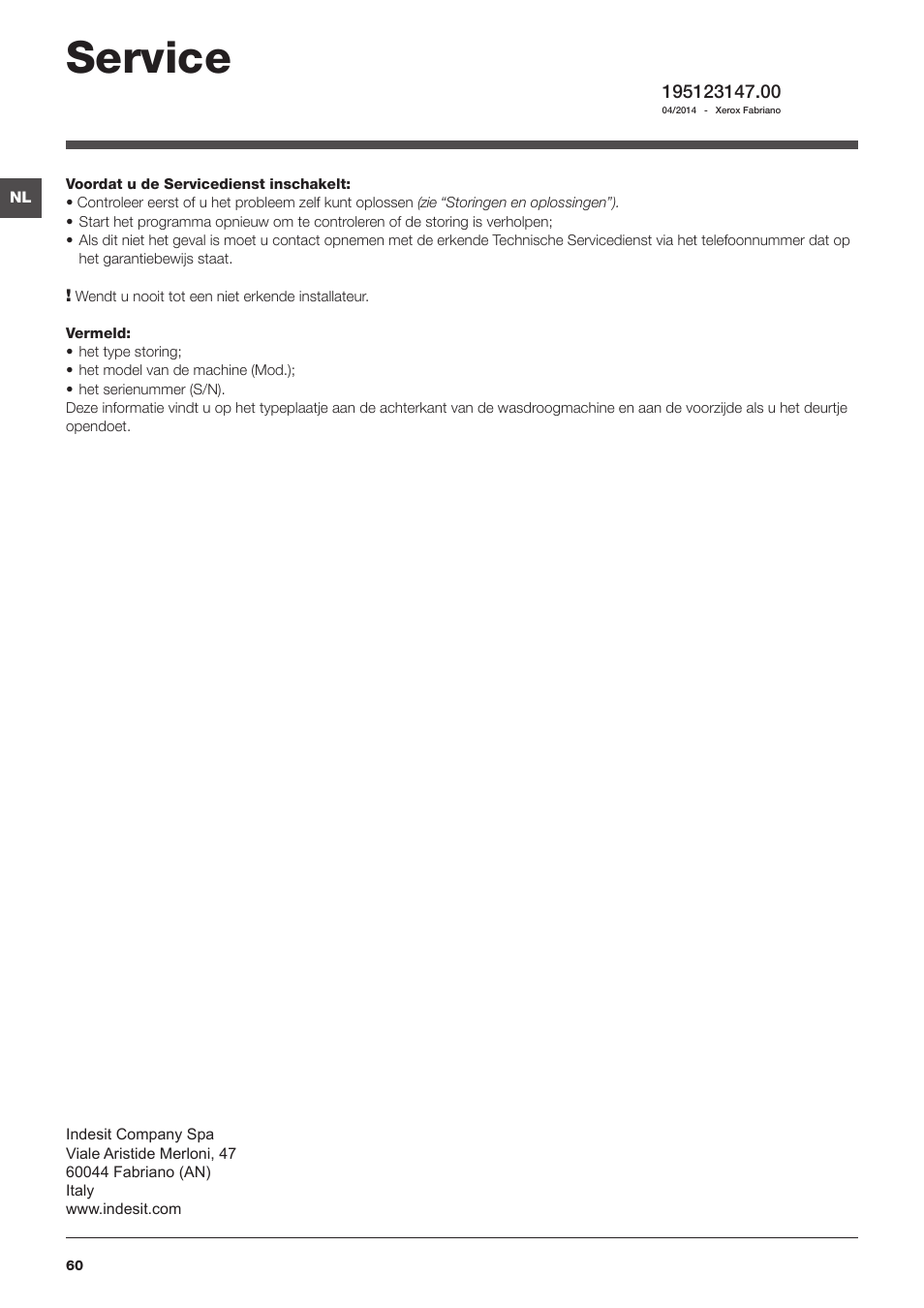 Service | Indesit IWDE-7145-B-(EU) User Manual | Page 60 / 60
