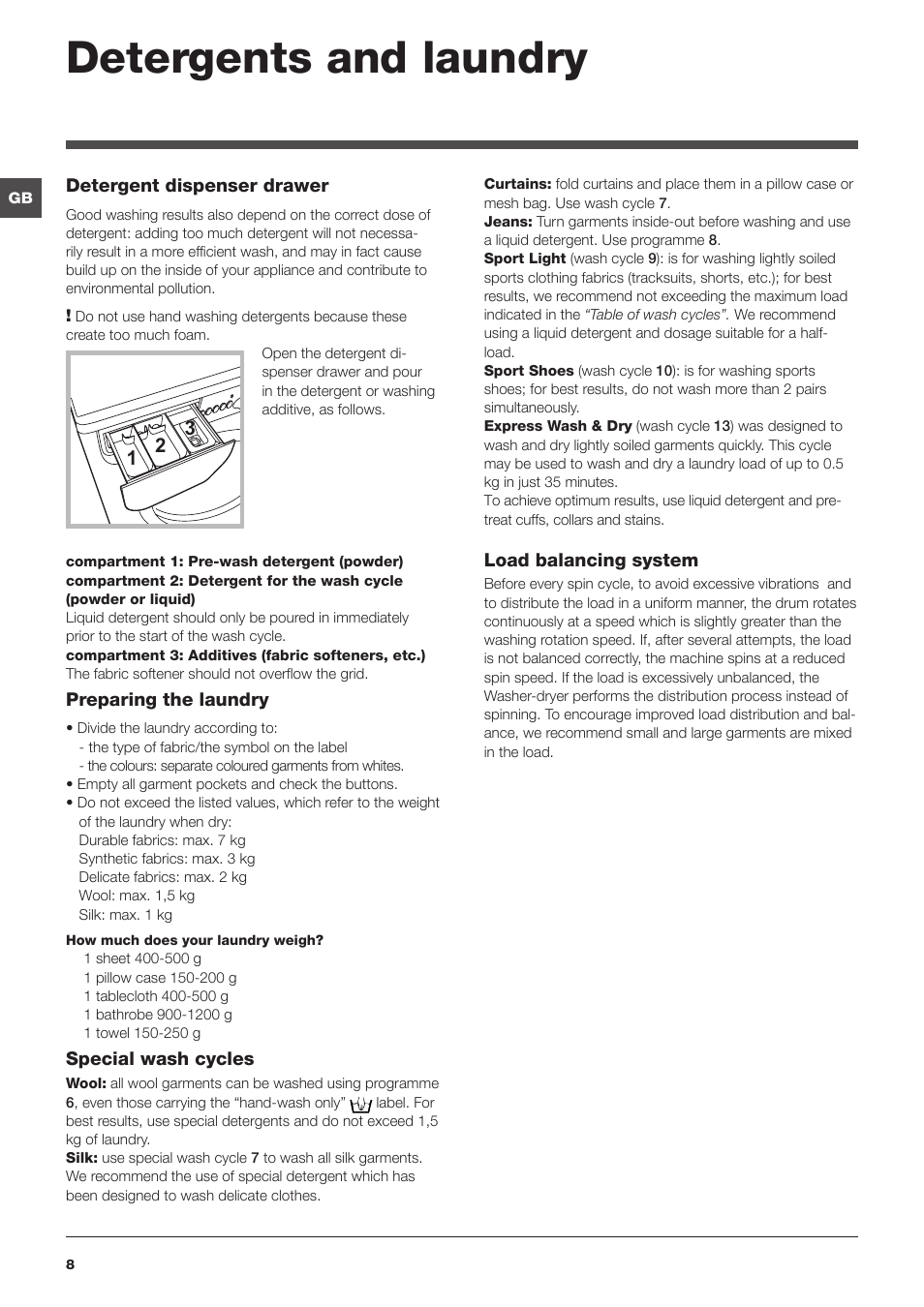 Detergents and laundry | Indesit IWDE-7145-B-(EU) User Manual | Page 8 / 60