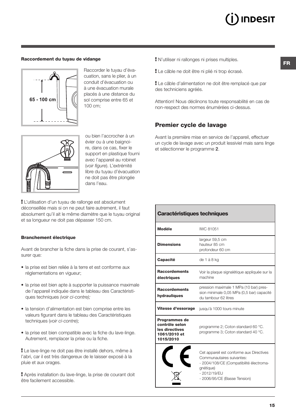 Premier cycle de lavage | Indesit IWC-81051-C-ECO(EU) User Manual | Page 15 / 60