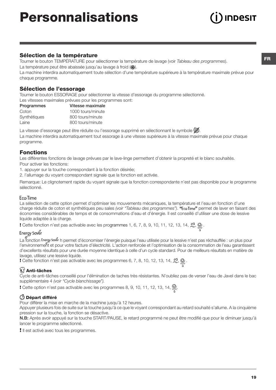 Personnalisations | Indesit IWC-81051-C-ECO(EU) User Manual | Page 19 / 60