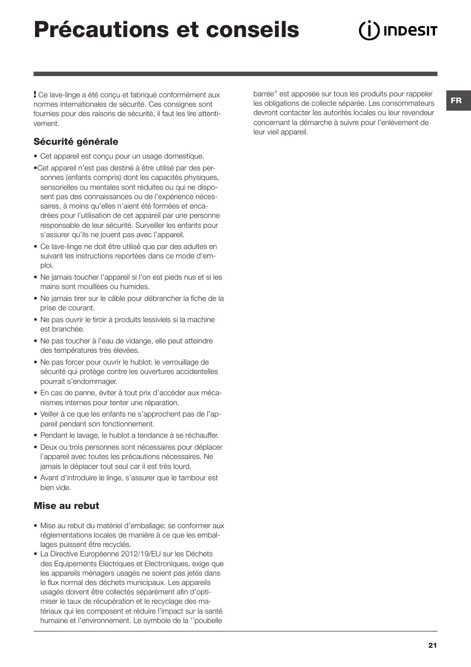 Précautions et conseils | Indesit IWC-81051-C-ECO(EU) User Manual | Page 21 / 60