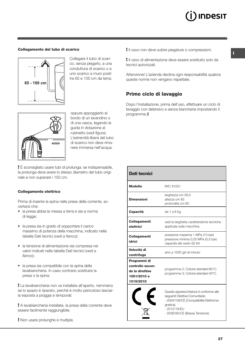 Primo ciclo di lavaggio | Indesit IWC-81051-C-ECO(EU) User Manual | Page 27 / 60