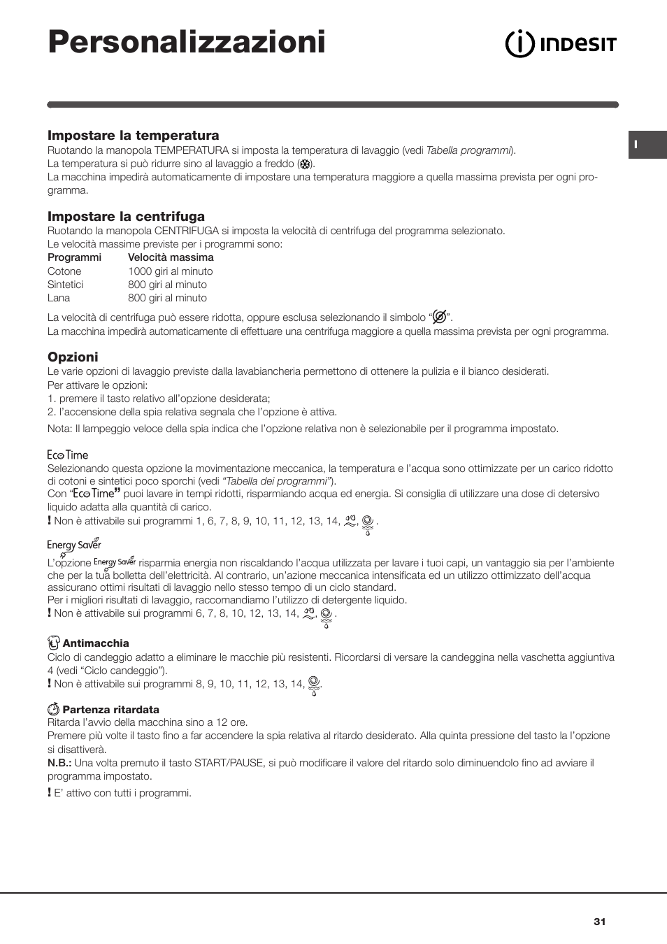 Personalizzazioni | Indesit IWC-81051-C-ECO(EU) User Manual | Page 31 / 60