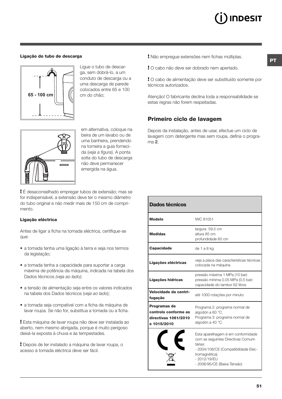 Primeiro ciclo de lavagem | Indesit IWC-81051-C-ECO(EU) User Manual | Page 51 / 60