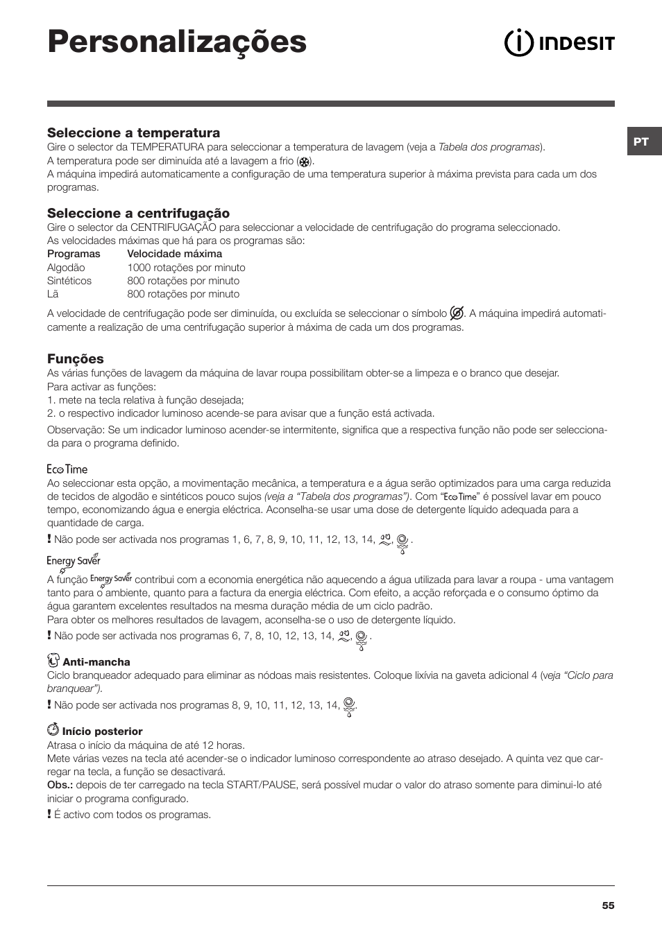 Personalizações | Indesit IWC-81051-C-ECO(EU) User Manual | Page 55 / 60