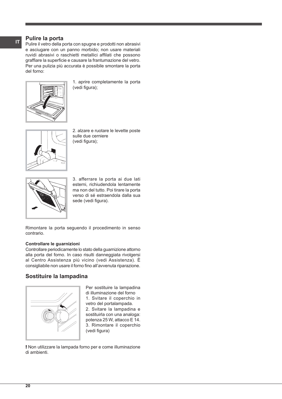 Pulire la porta, Sostituire la lampadina | Indesit FIM-53-K.A-(WH)-S User Manual | Page 20 / 76