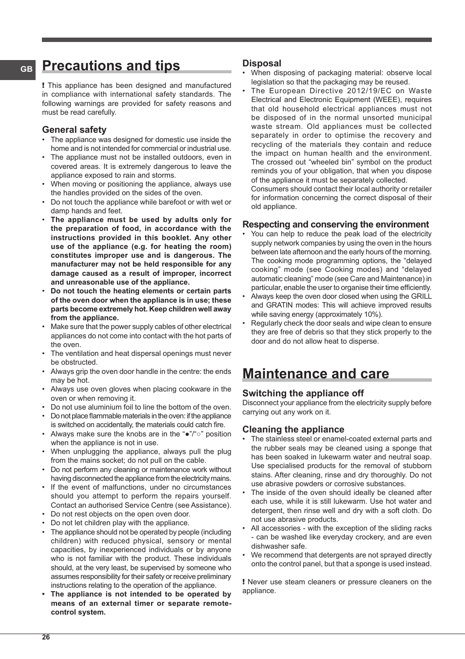 Precautions and tips, Maintenance and care, General safety | Disposal, Respecting and conserving the environment, Switching the appliance off, Cleaning the appliance | Indesit FIM-53-K.A-(WH)-S User Manual | Page 26 / 76