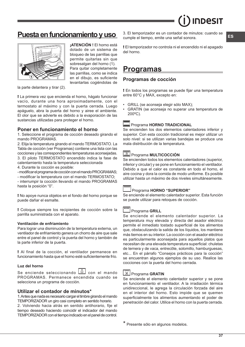 Puesta en funcionamiento y uso, Programas, Poner en funcionamiento el horno | Utilizar el contador de minutos, Programas de cocción | Indesit FIM-53-K.A-(WH)-S User Manual | Page 37 / 76