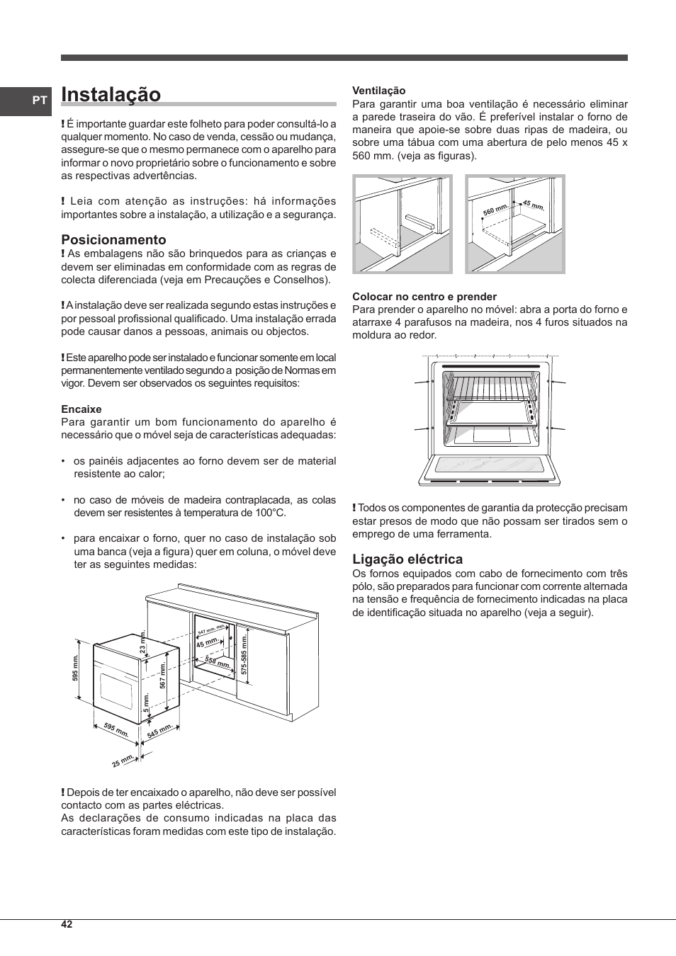 Instalação, Posicionamento, Ligação eléctrica | Indesit FIM-53-K.A-(WH)-S User Manual | Page 42 / 76