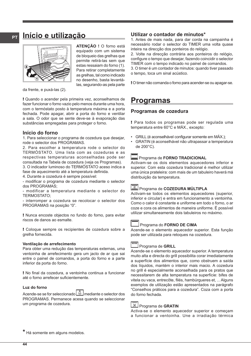 Início e utilização, Programas, Início do forno | Utilizar o contador de minutos, Programas de cozedura | Indesit FIM-53-K.A-(WH)-S User Manual | Page 44 / 76