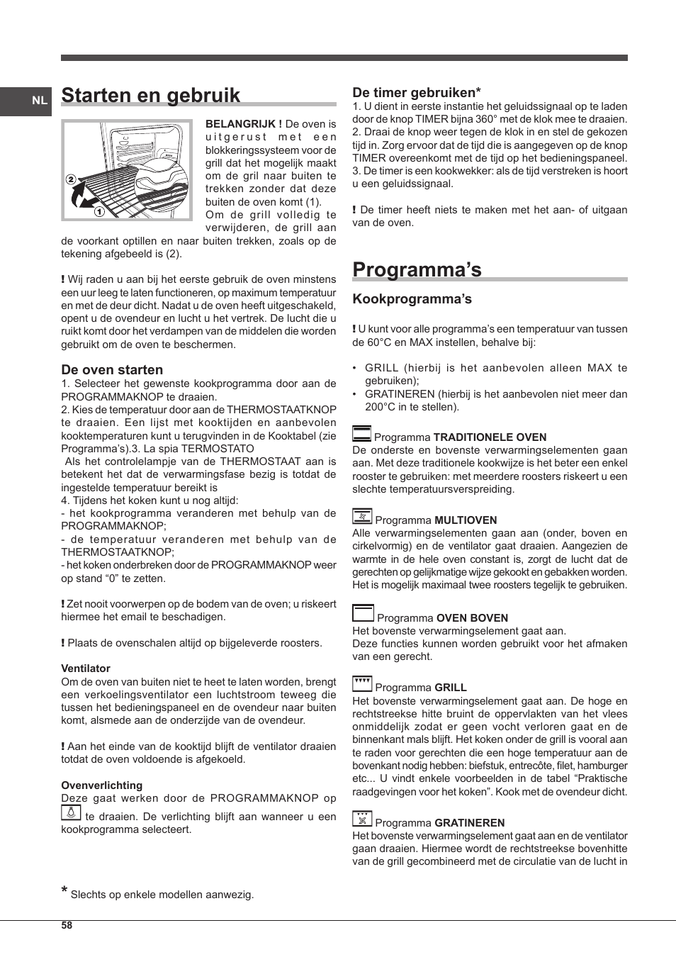 Starten en gebruik, Programma’s, De oven starten | De timer gebruiken, Kookprogramma’s | Indesit FIM-53-K.A-(WH)-S User Manual | Page 58 / 76