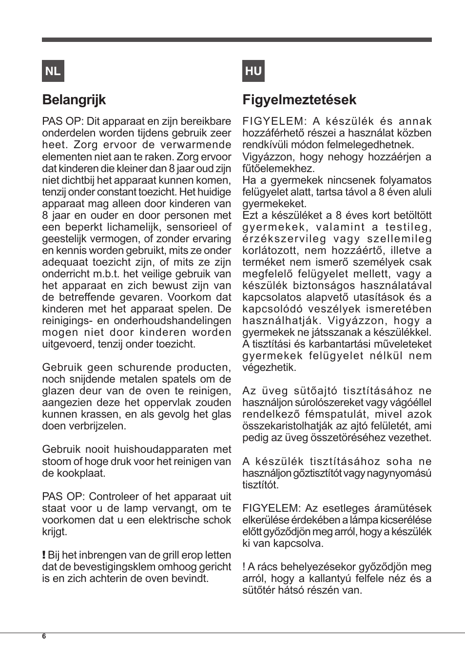 Belangrijk, Figyelmeztetések | Indesit FIM-53-K.A-(WH)-S User Manual | Page 6 / 76