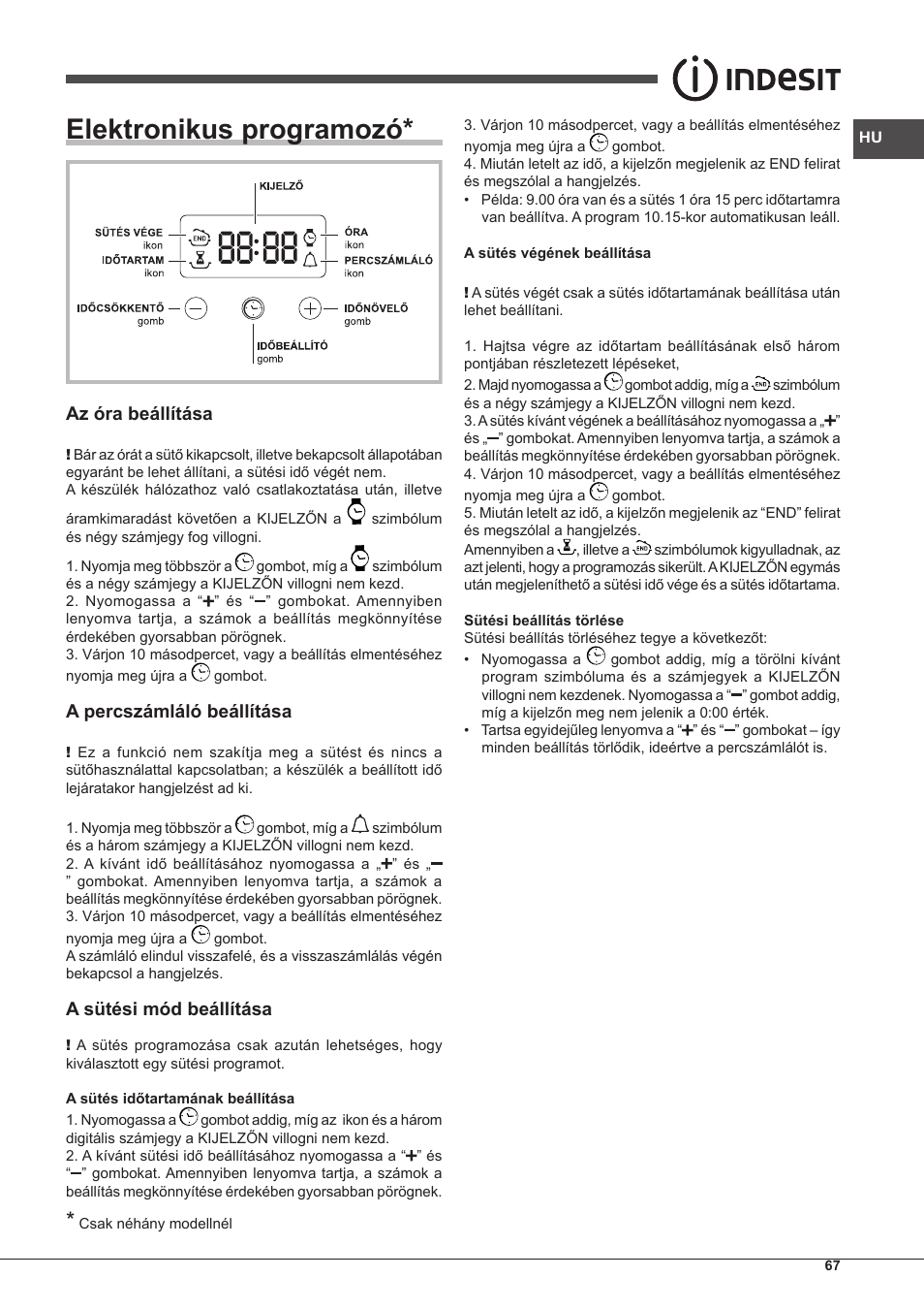 Elektronikus programozó, Az óra beállítása, A percszámláló beállítása | A sütési mód beállítása | Indesit FIM-53-K.A-(WH)-S User Manual | Page 67 / 76