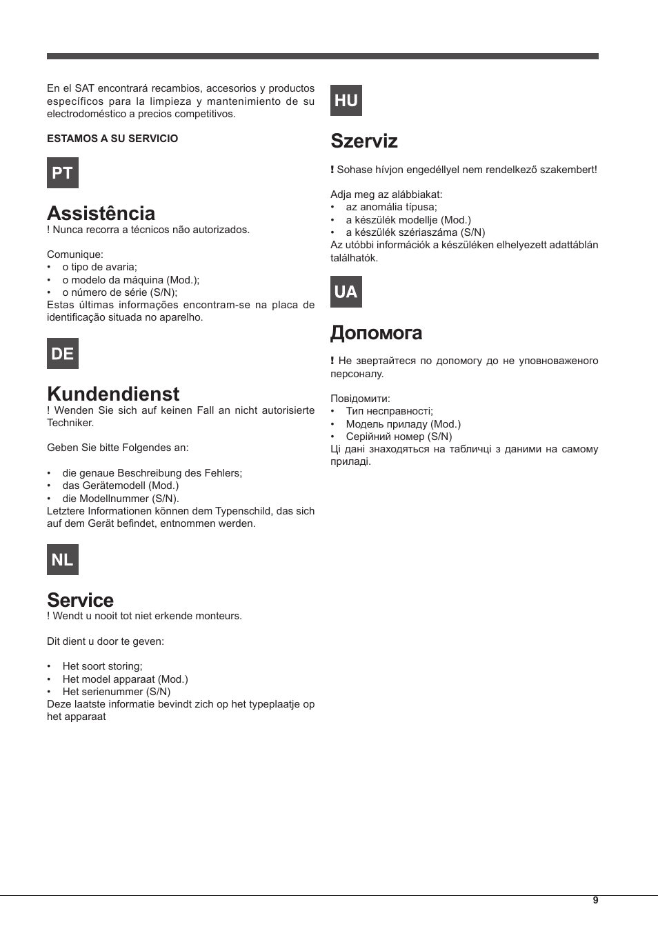 Assistência, Kundendienst, Service | Szerviz, Допомога | Indesit FIM-53-K.A-(WH)-S User Manual | Page 9 / 76