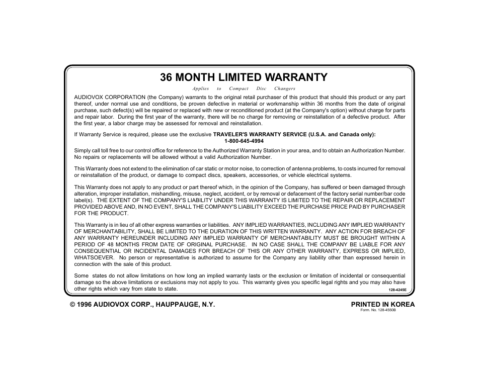 36 month limited warranty | Audiovox CDC-825 User Manual | Page 12 / 12