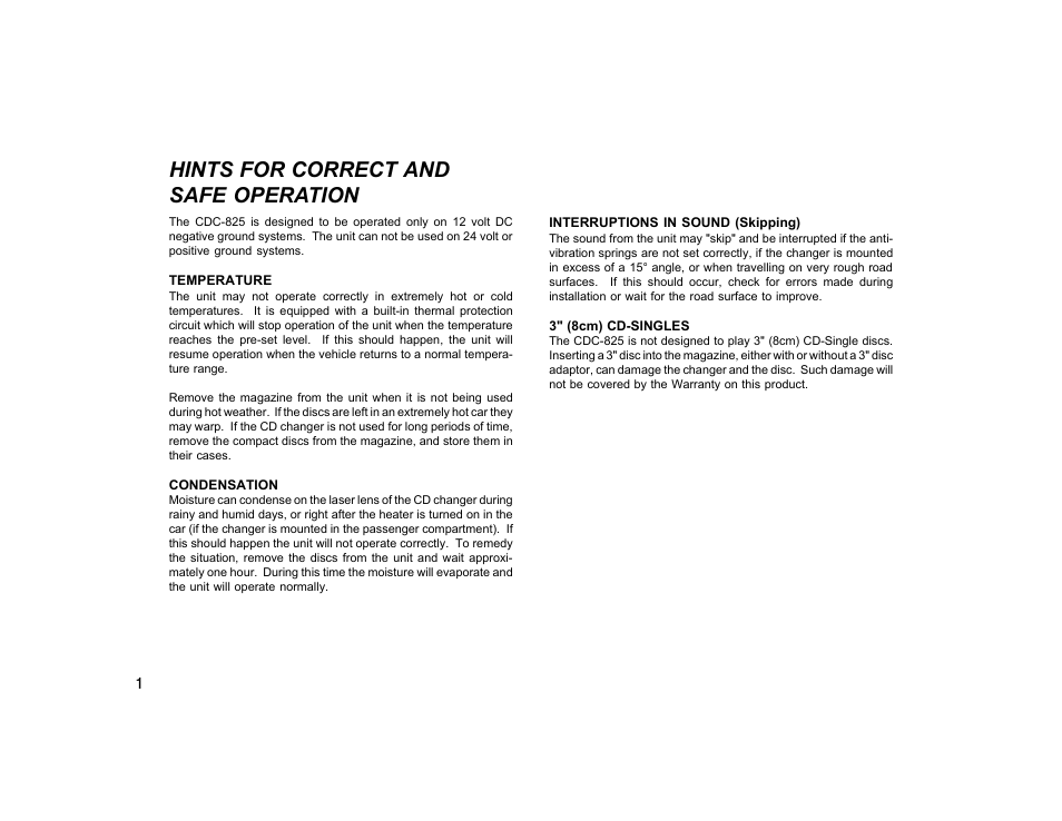 Hints for correct and safe operation | Audiovox CDC-825 User Manual | Page 2 / 12