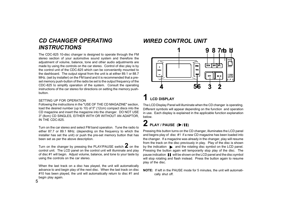 Cd changer operating instructions, Wired control unit | Audiovox CDC-825 User Manual | Page 6 / 12