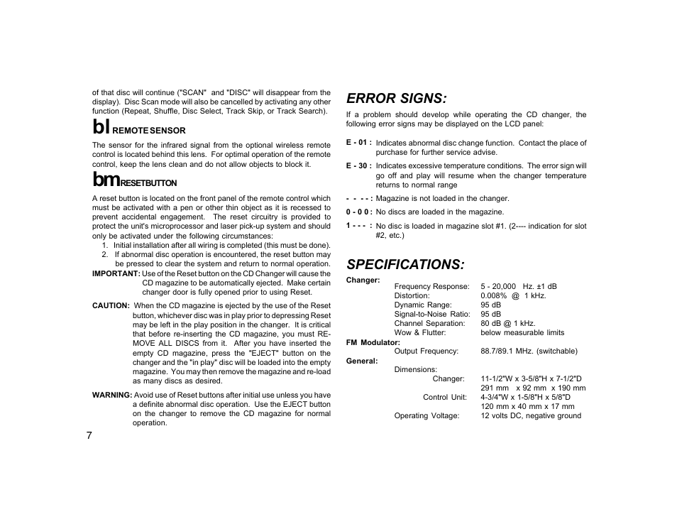 Specifications, Error signs | Audiovox CDC-825 User Manual | Page 8 / 12