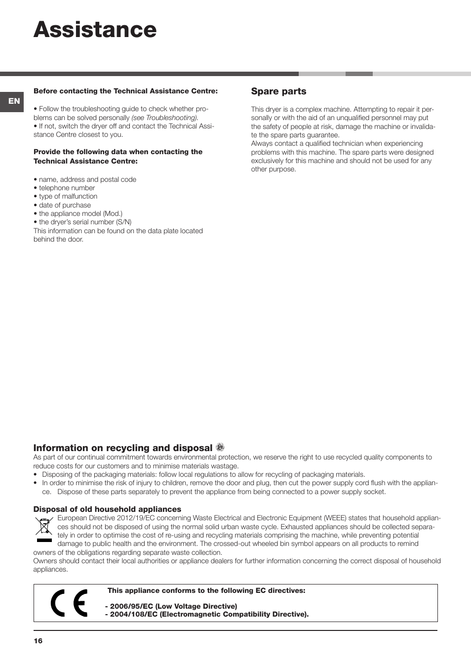 Assistance | Indesit IDCA-G35-S-ECO-(EU) User Manual | Page 16 / 64