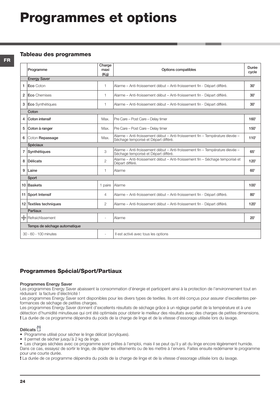 Programmes et options, Programmes spécial/sport/partiaux, Tableau des programmes | Indesit IDCA-G35-S-ECO-(EU) User Manual | Page 24 / 64