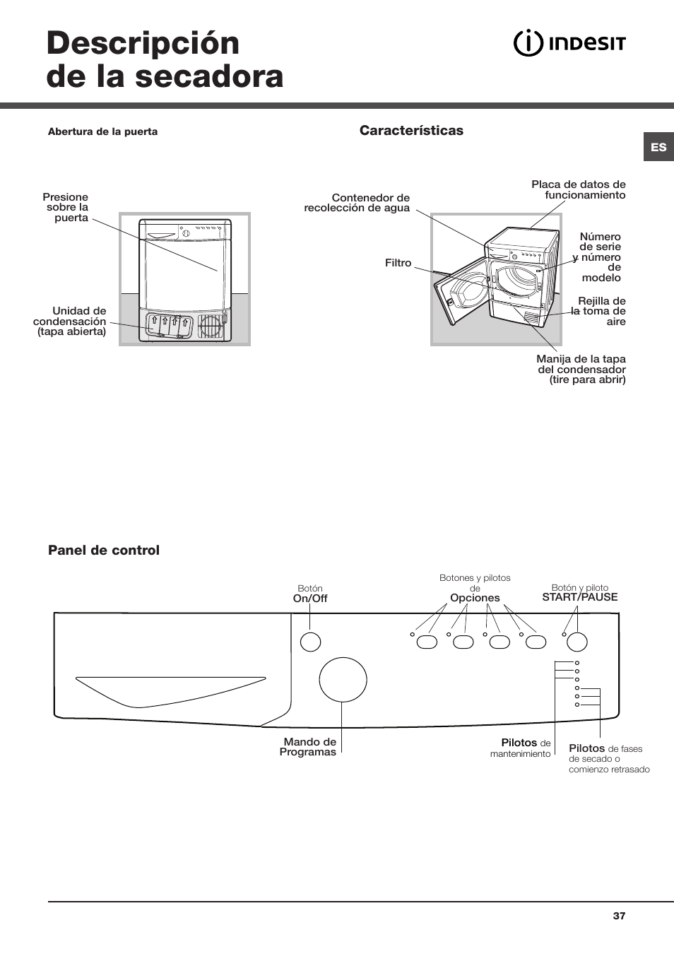 Descripción de la secadora, Panel de control características | Indesit IDCA-G35-S-ECO-(EU) User Manual | Page 37 / 64