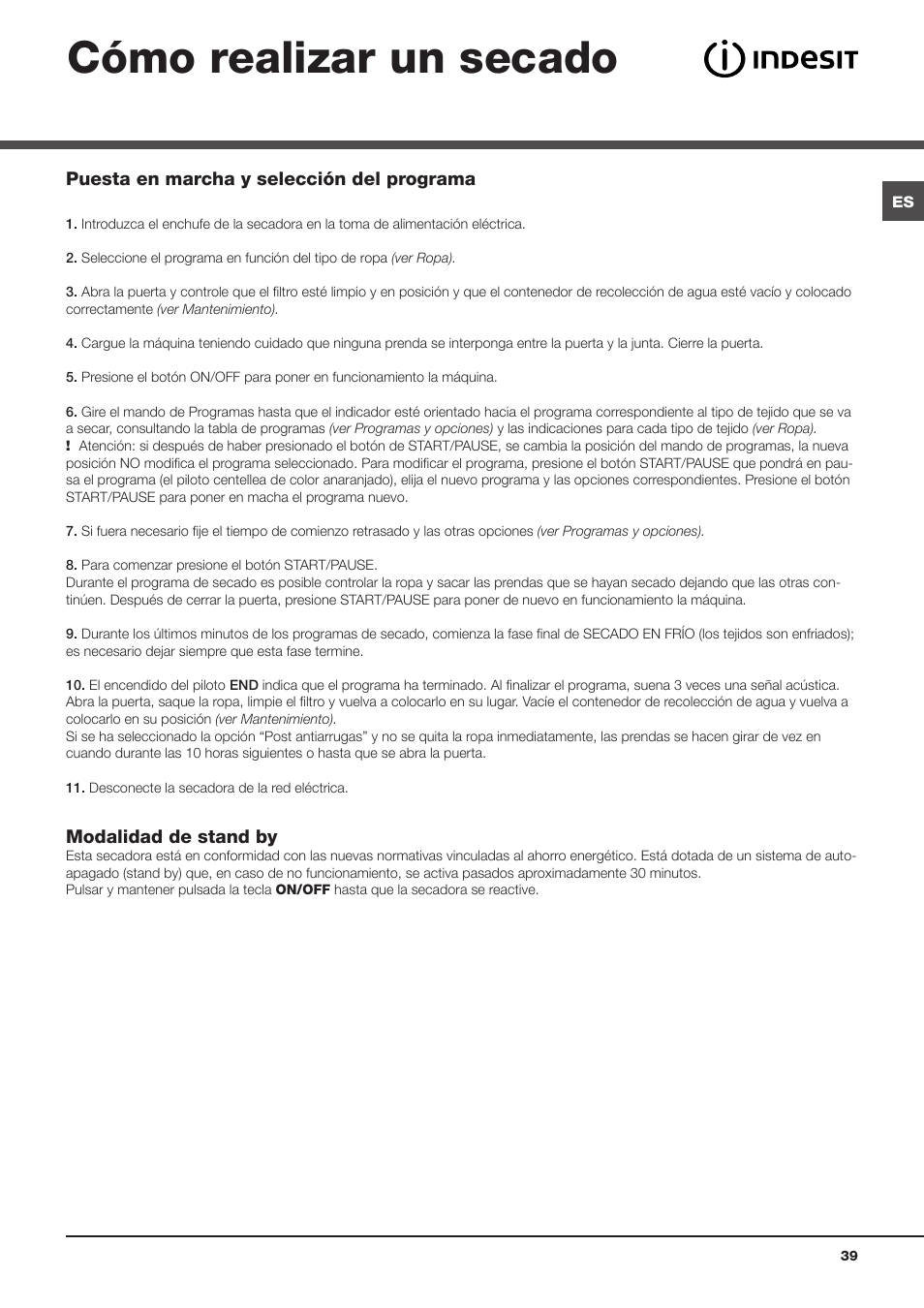 Cómo realizar un secado | Indesit IDCA-G35-S-ECO-(EU) User Manual | Page 39 / 64