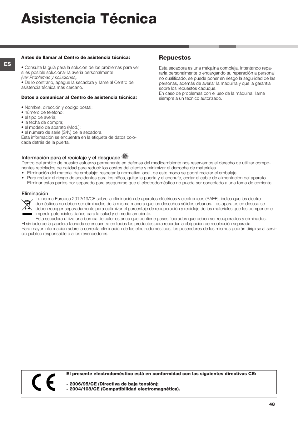 Asistencia técnica, Repuestos | Indesit IDCA-G35-S-ECO-(EU) User Manual | Page 48 / 64