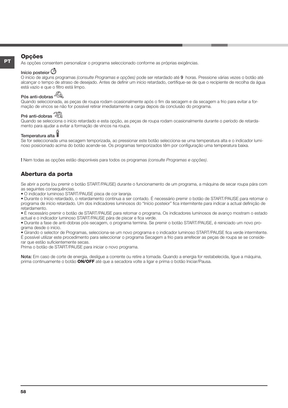 Opções, Abertura da porta | Indesit IDCA-G35-S-ECO-(EU) User Manual | Page 58 / 64