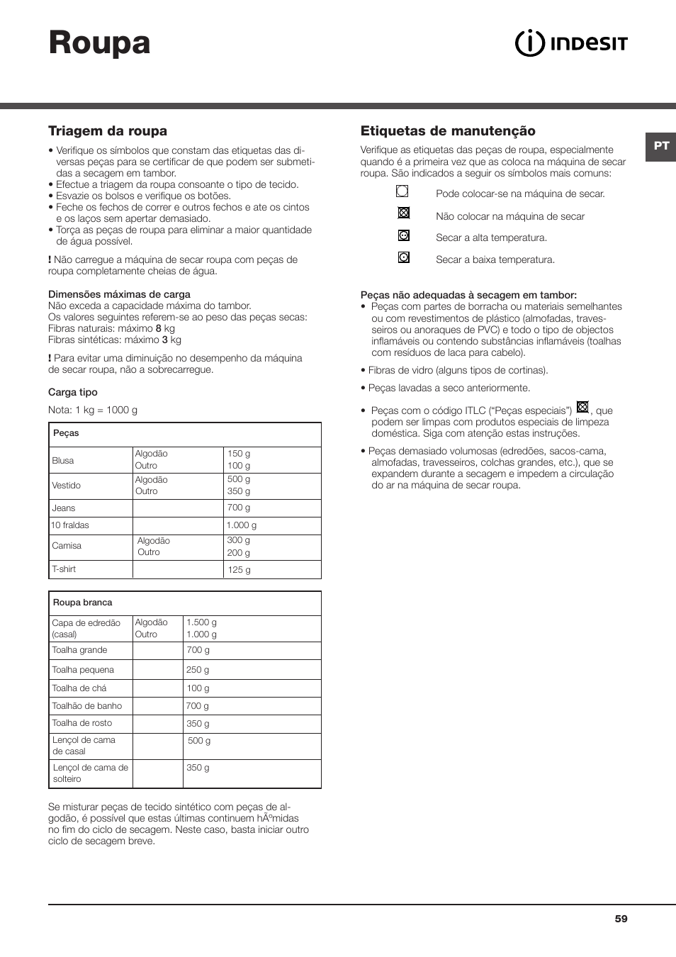 Roupa, Triagem da roupa, Etiquetas de manutenção | Indesit IDCA-G35-S-ECO-(EU) User Manual | Page 59 / 64