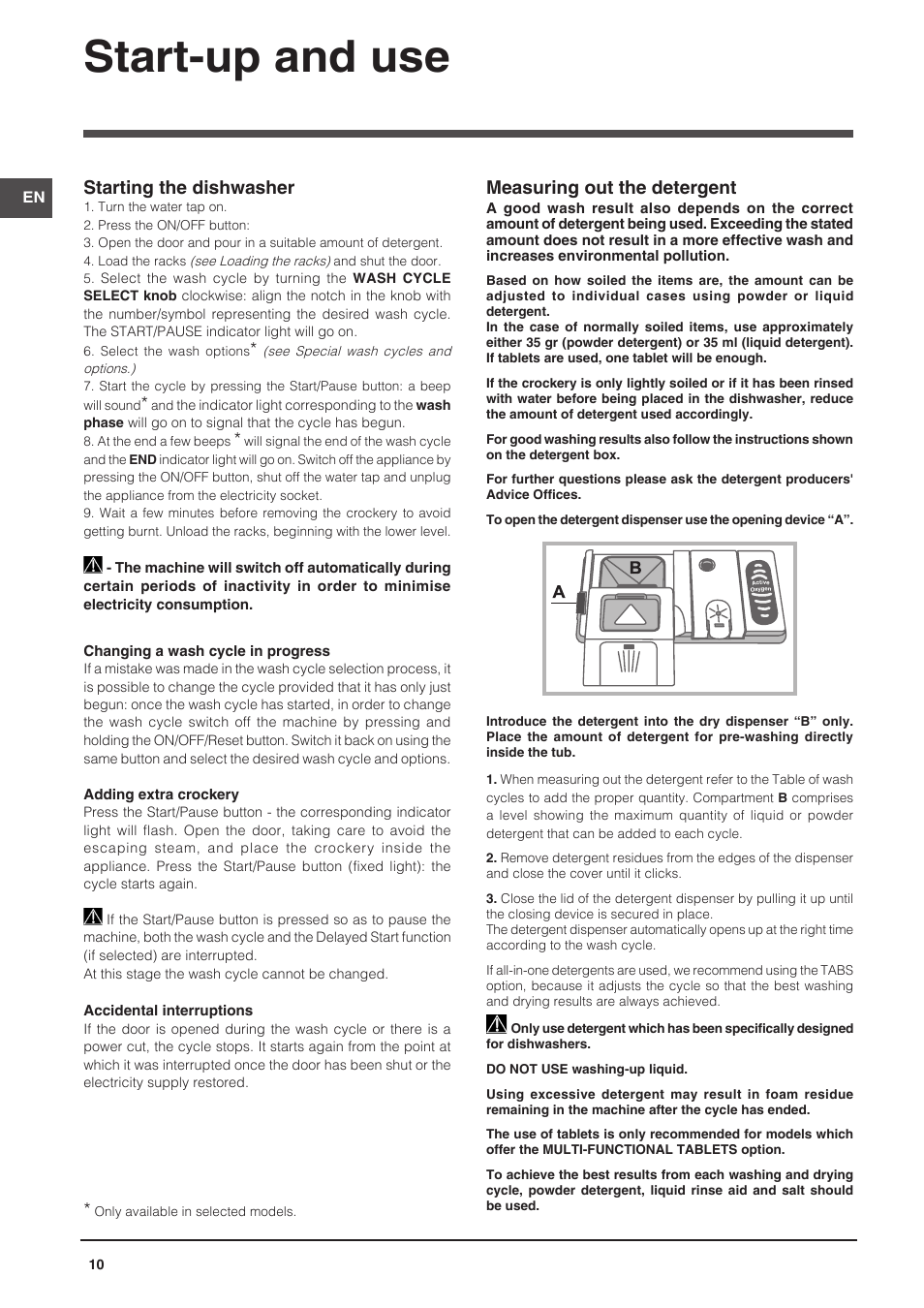Start-up and use, Measuring out the detergent, Starting the dishwasher | Indesit DPG-16B1-CA-NX-EU User Manual | Page 10 / 56