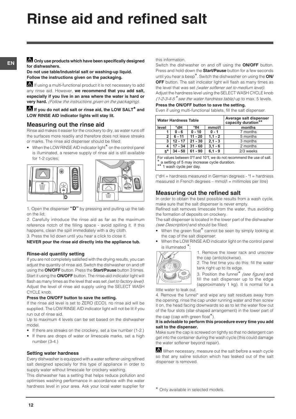 Rinse aid and refined salt, Measuring out the rinse aid, Measuring out the refined salt | Indesit DPG-16B1-CA-NX-EU User Manual | Page 12 / 56